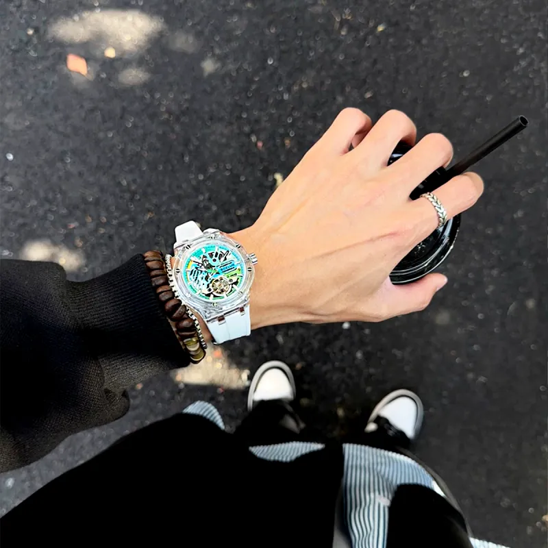BOZLUN Phantom Collection Acrylic Transparent Caseback Automatic Mechanical Movement Unisex Cut Out Dial-9