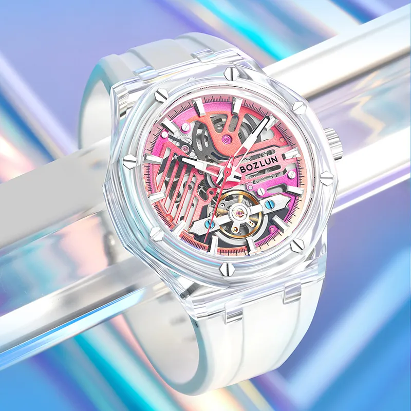 BOZLUN Phantom Collection Acrylic Transparent Caseback Automatic Mechanical Movement Unisex Cut Out Dial-18