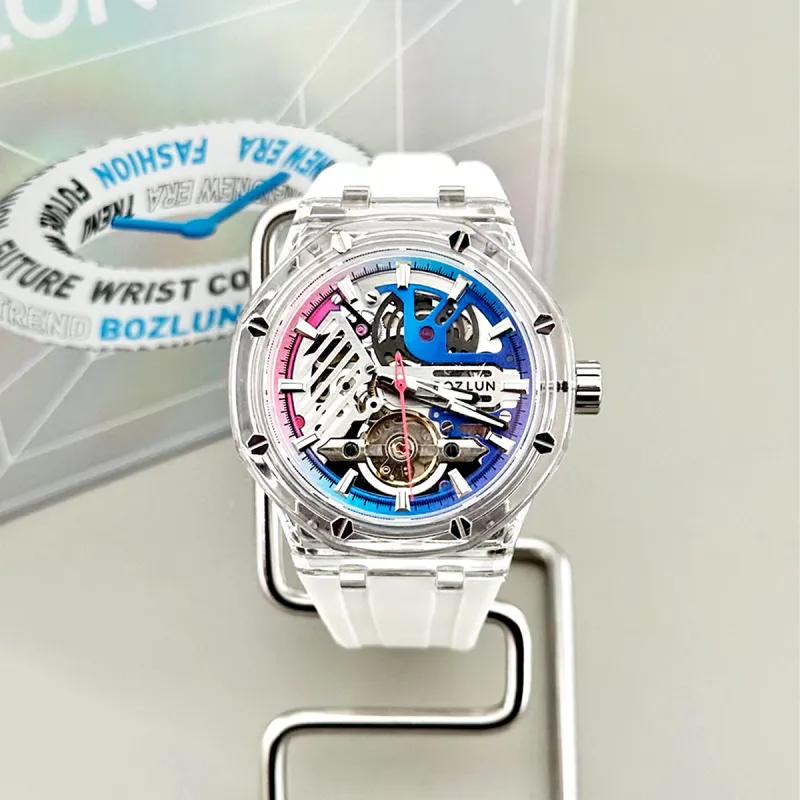BOZLUN Phantom Collection Acrylic Transparent Caseback Automatic Mechanical Movement Unisex Cut Out Dial-6