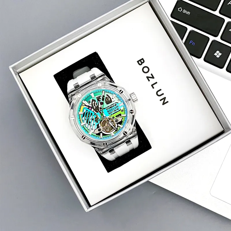 BOZLUN Phantom Collection Acrylic Transparent Caseback Automatic Mechanical Movement Unisex Cut Out Dial-11