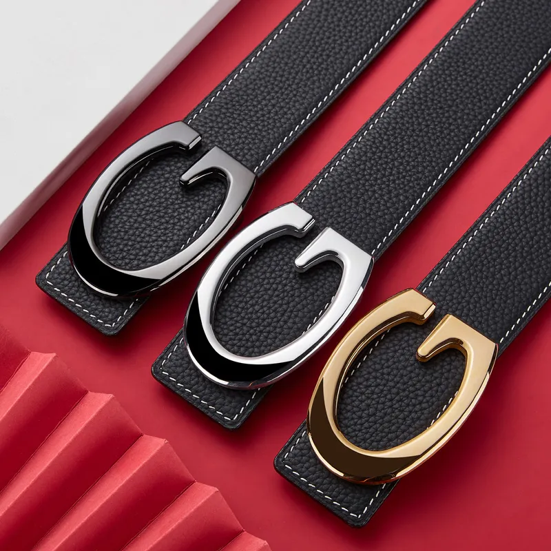 Jeccieziio Cow Leather Smooth Buckle Belt Men's Gunmetal, Gold, Silver Width 3.5CM-1