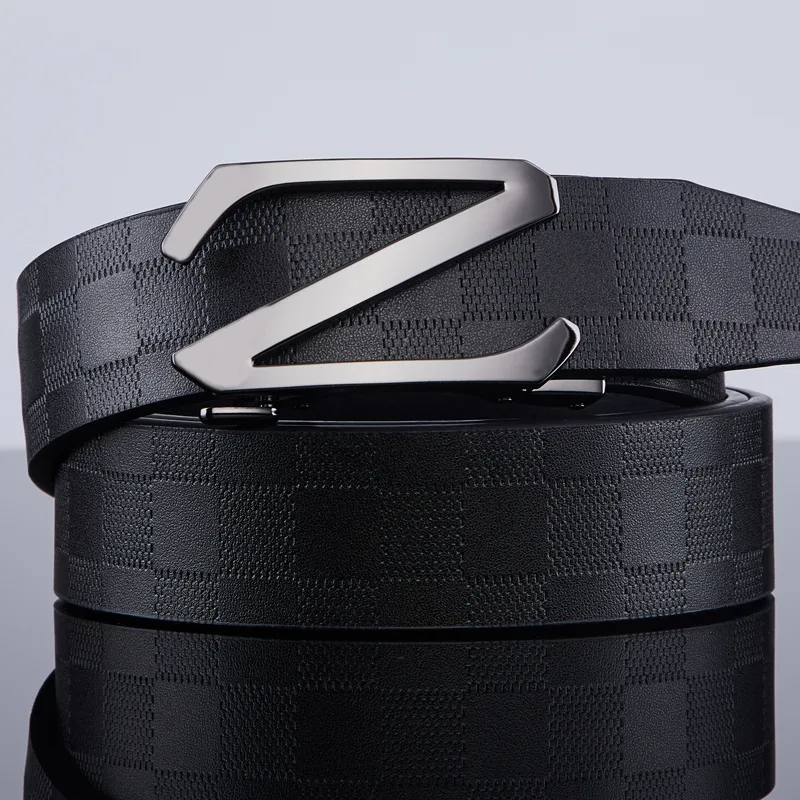 Jeccieziio Cow Leather Plaid Belt Business Casual Pants Belt Men's Gunmetal Gold Silver Width 3.5CM Greeting Card-2