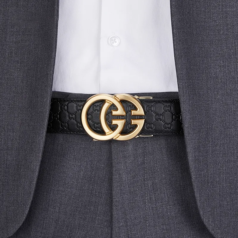 Jeccieziio Top Grain Cow Leather Automatic Buckle Belt Men's Gunmetal, Gold Width 3.5cm Gift Box Set-11
