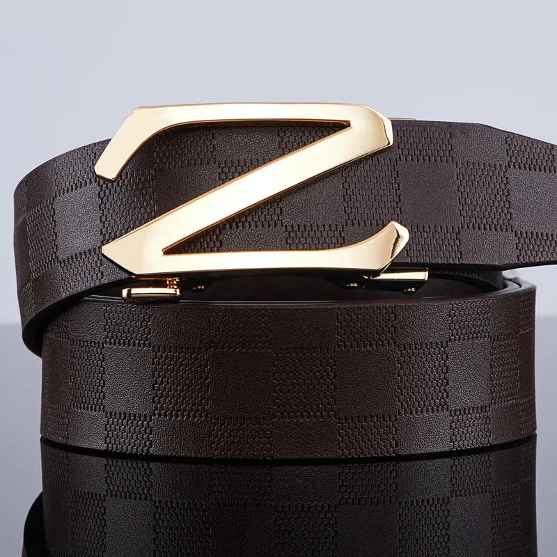 Jeccieziio Cow Leather Plaid Belt Business Casual Pants Belt Men's Gunmetal Gold Silver Width 3.5CM Greeting Card-5