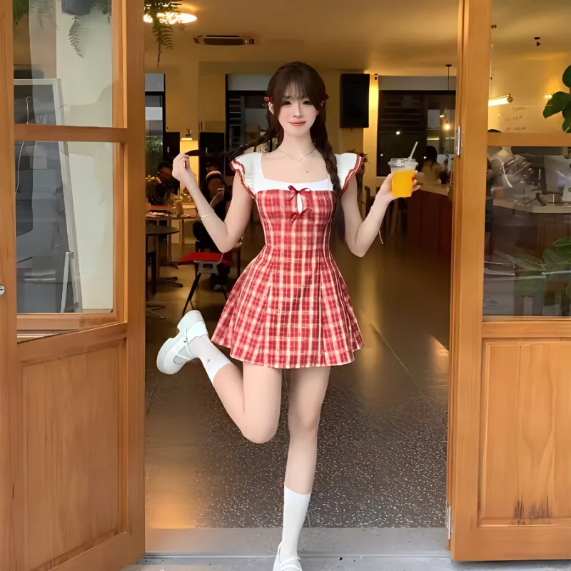 KKX Short Sleeved Dress Women's Red Plaid-4