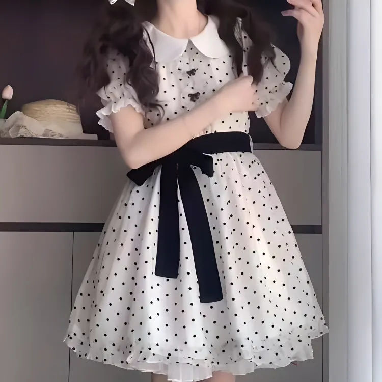 KKX Short Sleeved Dress Women's Polka Dot White-2