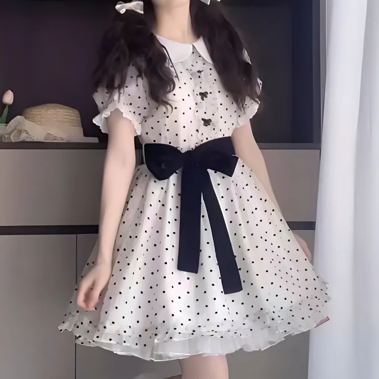 KKX Short Sleeved Dress Women's Polka Dot White-3
