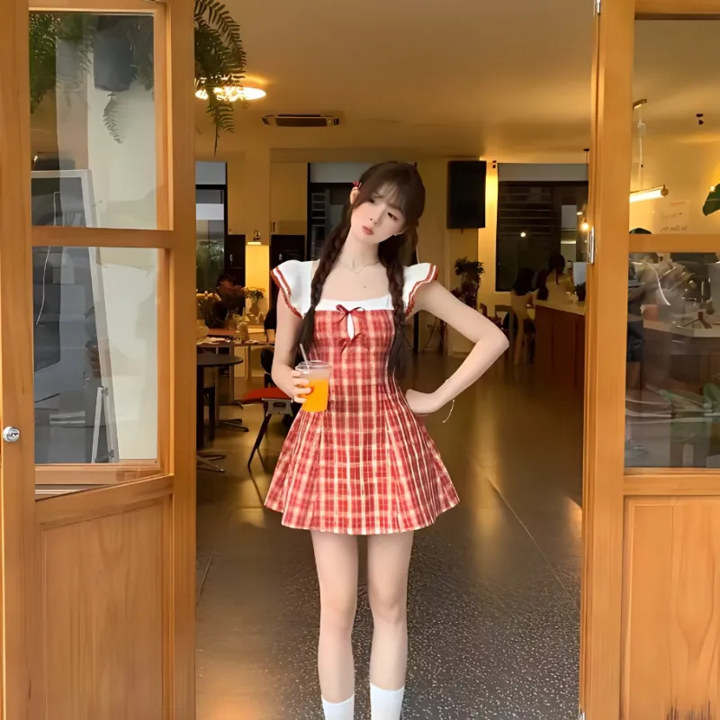 KKX Short Sleeved Dress Women's Red Plaid-2