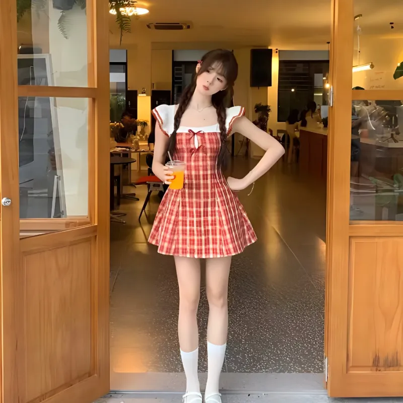 KKX Short Sleeved Dress Women's Red Plaid-3