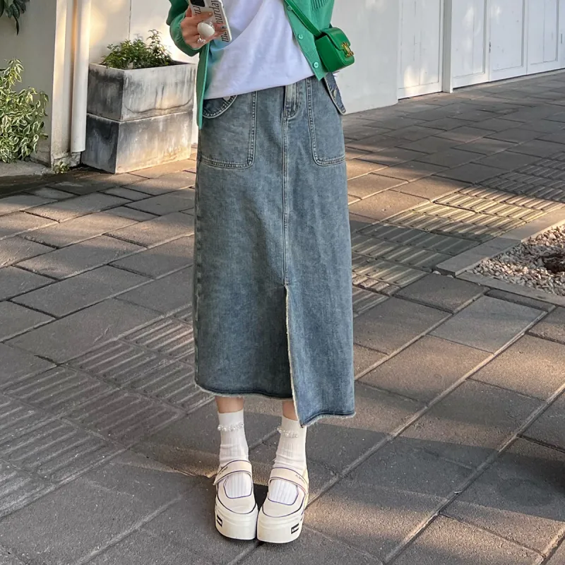 MEIYANG Denim Long Skirts Women's Light Blue-2