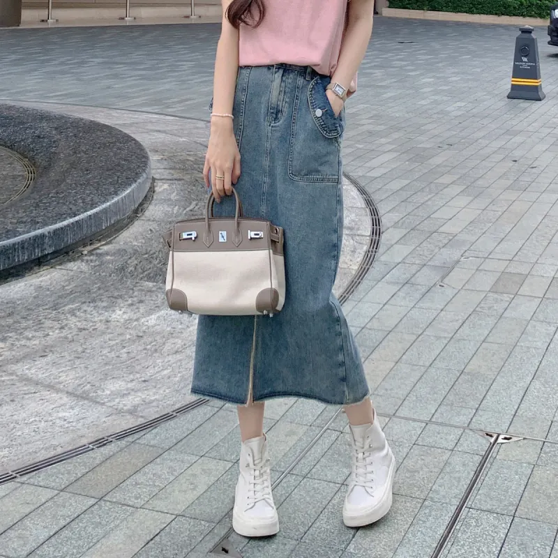 MEIYANG Denim Long Skirts Women's Light Blue-1