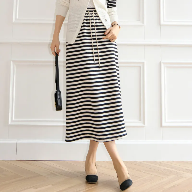 MEIYANG Casual Long Skirts Women's Black White Stripes-3