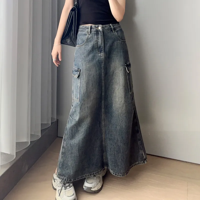 MEIYANG Denim Long Skirts Women's Blue-1