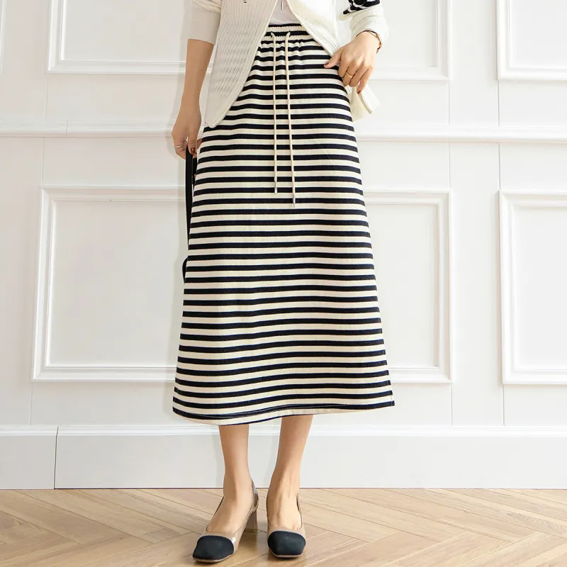 MEIYANG Casual Long Skirts Women's Black White Stripes-1