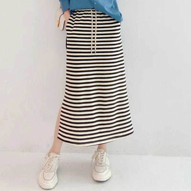 MEIYANG Casual Long Skirts Women's Black White Stripes-2