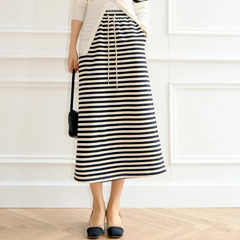 MEIYANG Casual Long Skirts Women's Black White Stripes-4