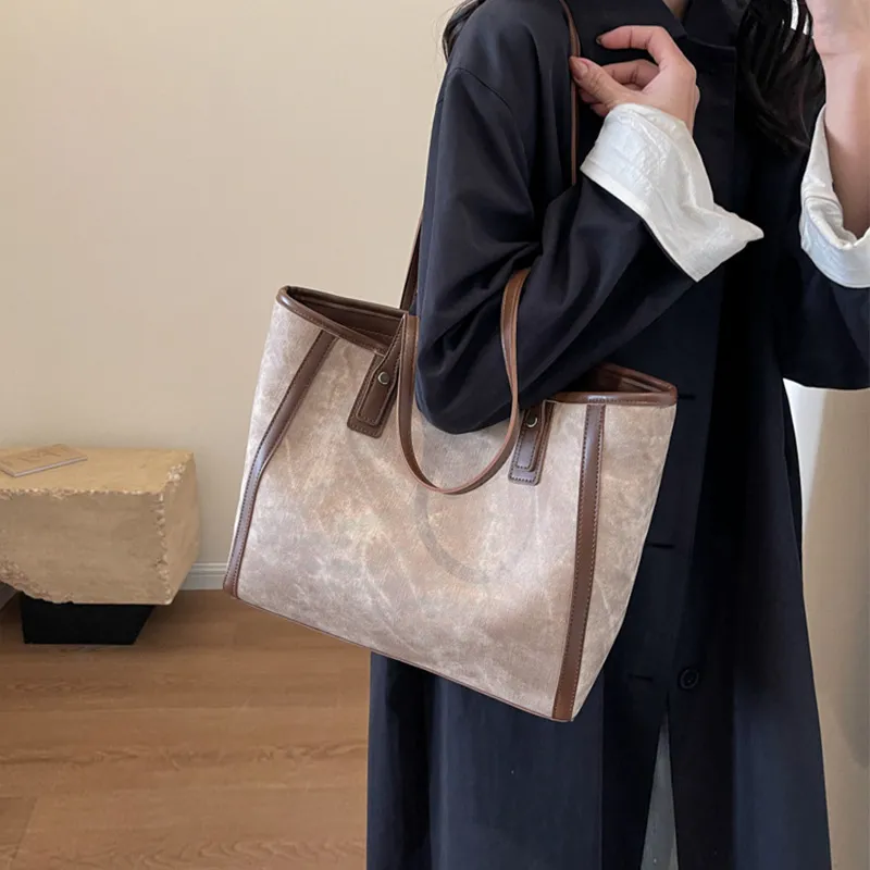 JANE KLAIN Synthetic Leather Tote Bag Shoulder Bag Large Size Women's Khaki/Dark Tea/Blue-5