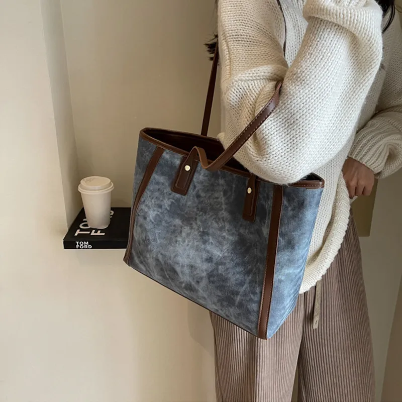 JANE KLAIN Synthetic Leather Tote Bag Shoulder Bag Large Size Women's Khaki/Dark Tea/Blue-9