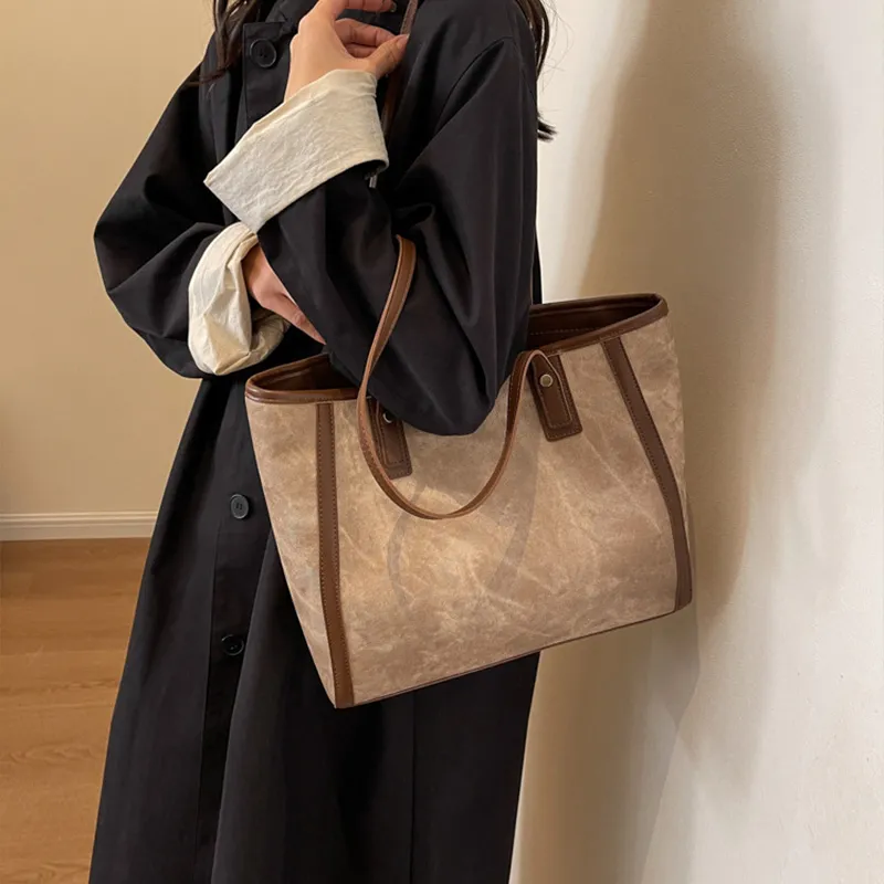 JANE KLAIN Synthetic Leather Tote Bag Shoulder Bag Large Size Women's Khaki/Dark Tea/Blue-2