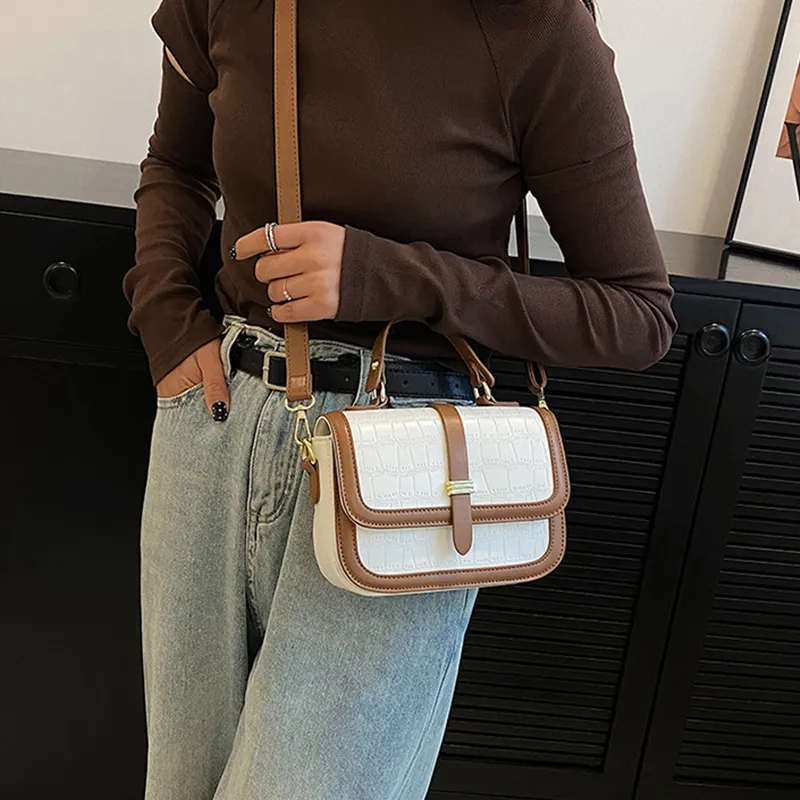 JANE KLAIN PU Small Square Bag, Shoulder Bag, Crossbody Bag, Handbag Small Size Women's White & Brown/Black-3