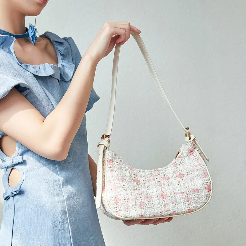 JANE KLAIN Fabric With PU Crescent Moon Shoulder Bag Handbag Women's Pink-5