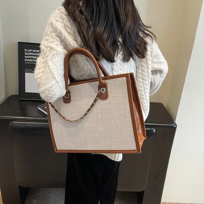 JANE KLAIN Fabric Portable Tote One Shoulder Bag Large Size Women's White & Brown-4