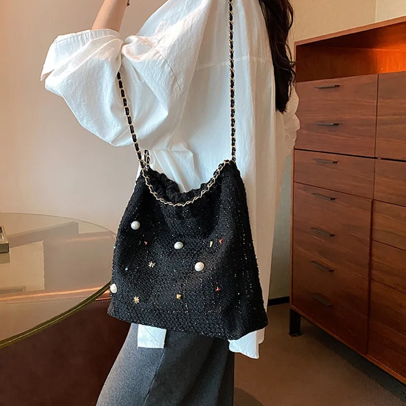 JANE KLAIN Woolen Bucket Bags Shoulder Bags Medium Size Women's Black/White/Blue-2