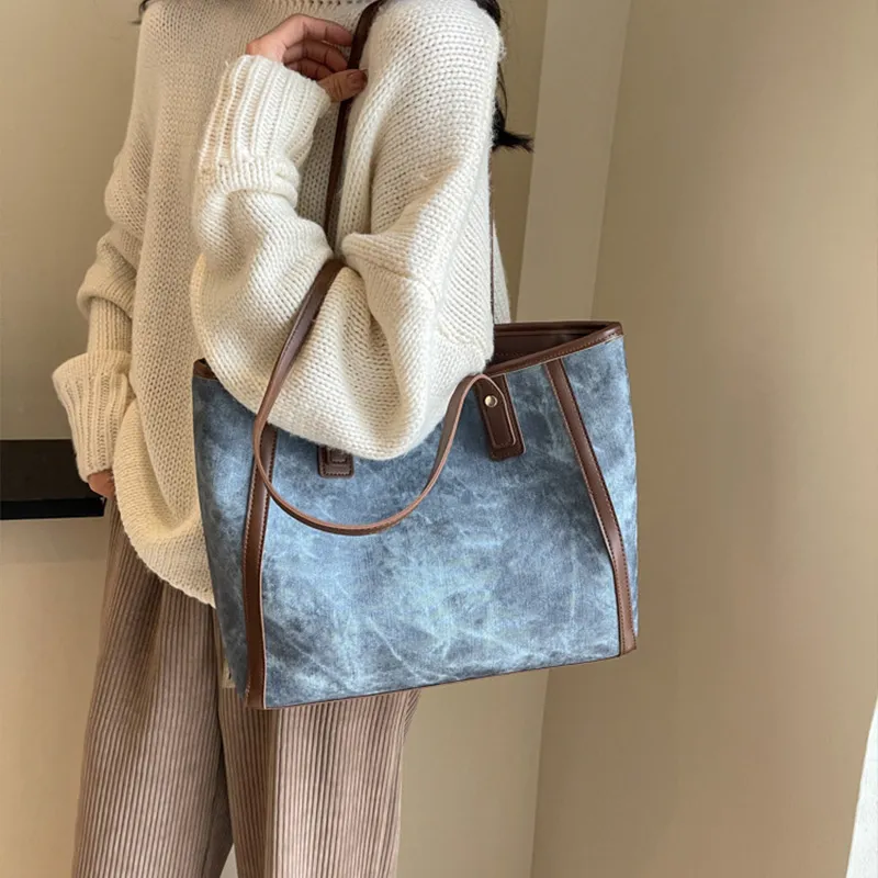 JANE KLAIN Synthetic Leather Tote Bag Shoulder Bag Large Size Women's Khaki/Dark Tea/Blue-11