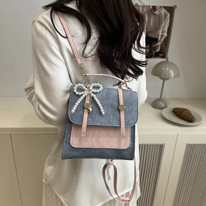 JANE KLAIN Synthetic Leather Backpack Women's Beige/Blue-9