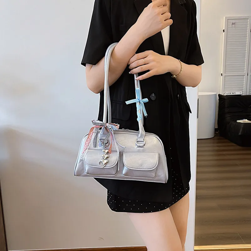 JANE KLAIN Synthetic Leather Shoulder Bag Regular Women's Silver/Black-2