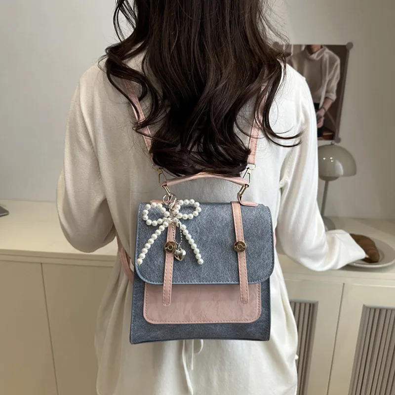 JANE KLAIN Synthetic Leather Backpack Women's Beige/Blue-10