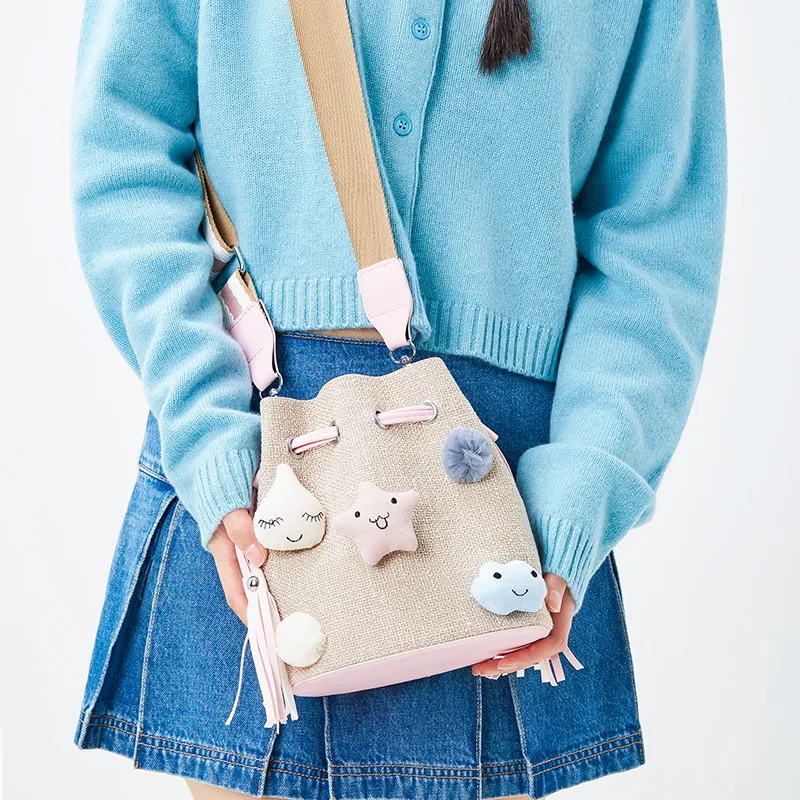 JANE KLAIN Fabric+Synthetic Leather Bucket Combo Bag Shoulder Bag Crossbody Bag Regular Women's Pink-3