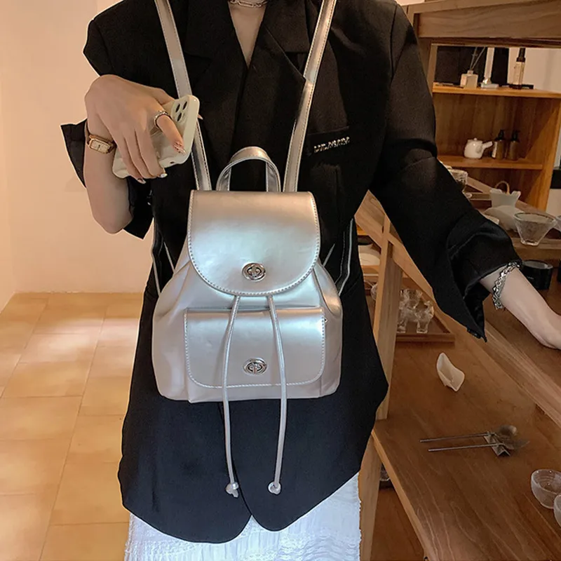 JANE KLAIN PU Handbag Backpack Medium Size Women's Black/Silver-6