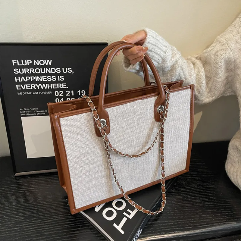 JANE KLAIN Fabric Portable Tote One Shoulder Bag Large Size Women's White & Brown-1