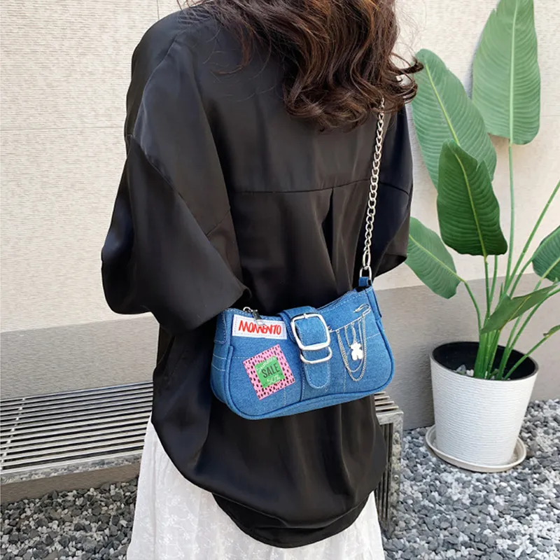 JANE KLAIN Denim Fabric Shoulder Bag Regular Women's Black/Denim Blue-5