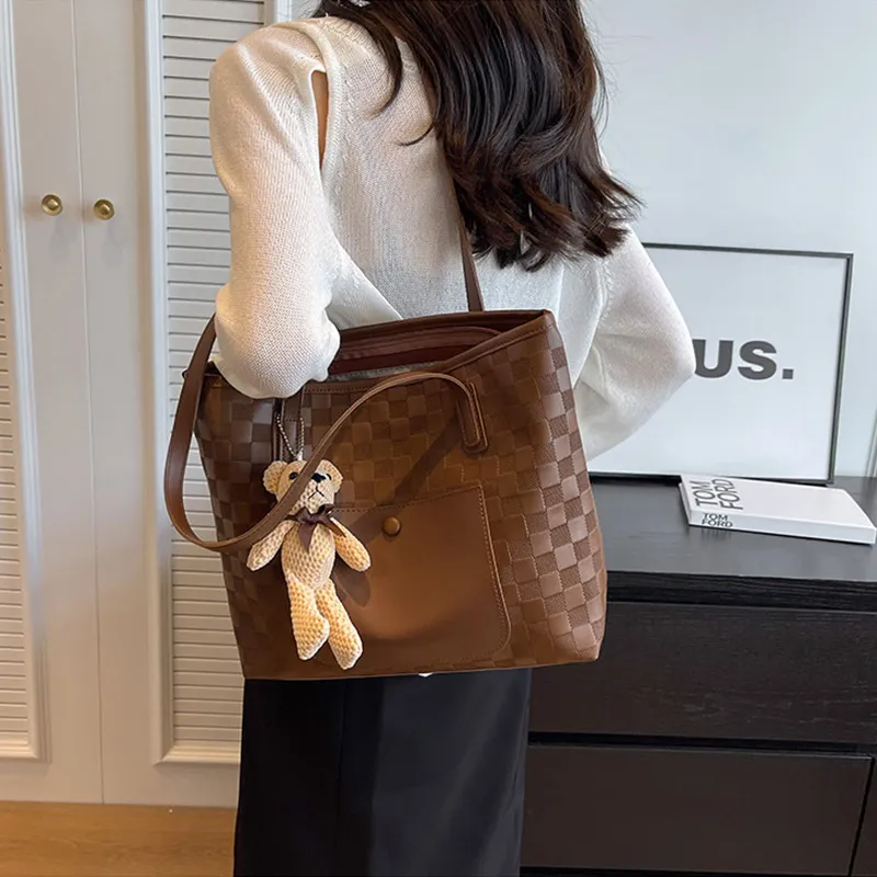 JANE KLAIN Synthetic Leather Tote Bag Shopping Bag Shoulder Bags Large Size Women's Brown/Black/Ecru-1