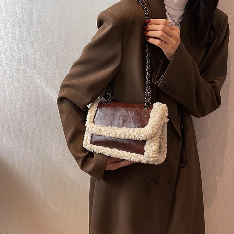 JANE KLAIN PU Laminated Textile Small Square Bag Shoulder Bag Crossbody Bag Women's Black Coffee-2