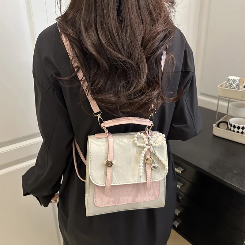 JANE KLAIN Synthetic Leather Backpack Women's Beige/Blue-4