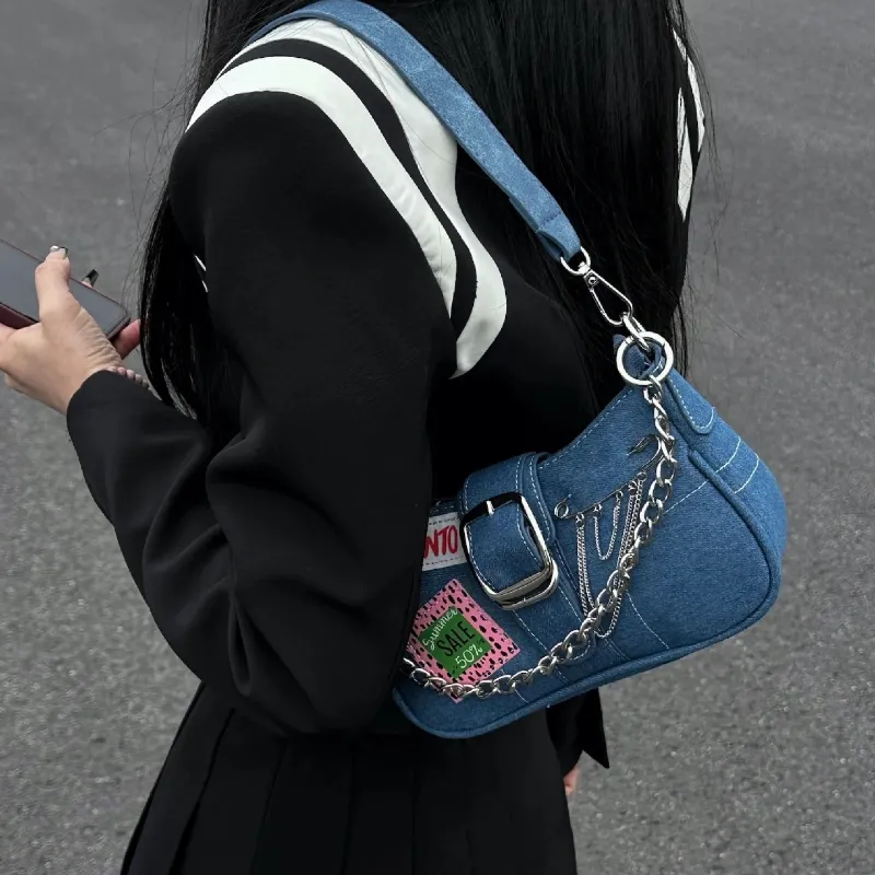 JANE KLAIN Denim Fabric Shoulder Bag Regular Women's Black/Denim Blue-2