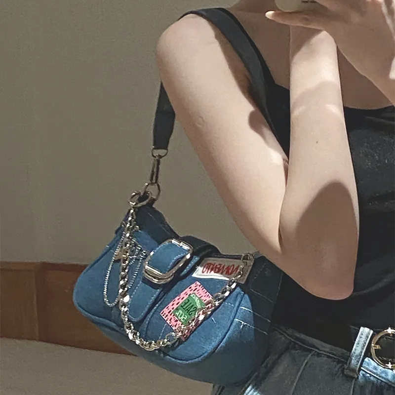 JANE KLAIN Denim Fabric Shoulder Bag Regular Women's Black/Denim Blue-9