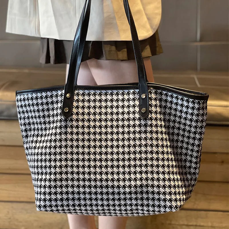 JANE KLAIN Fabric, Synthetic Leather Underarm Shoulder Bag Tote Women's Black Plaid-3