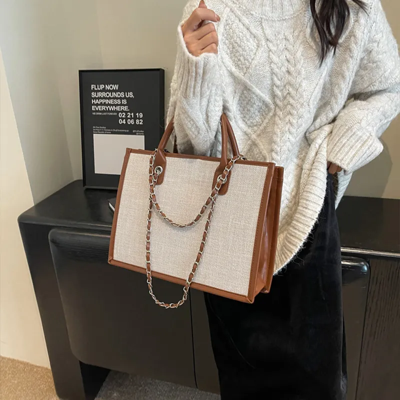 JANE KLAIN Fabric Portable Tote One Shoulder Bag Large Size Women's White & Brown-2