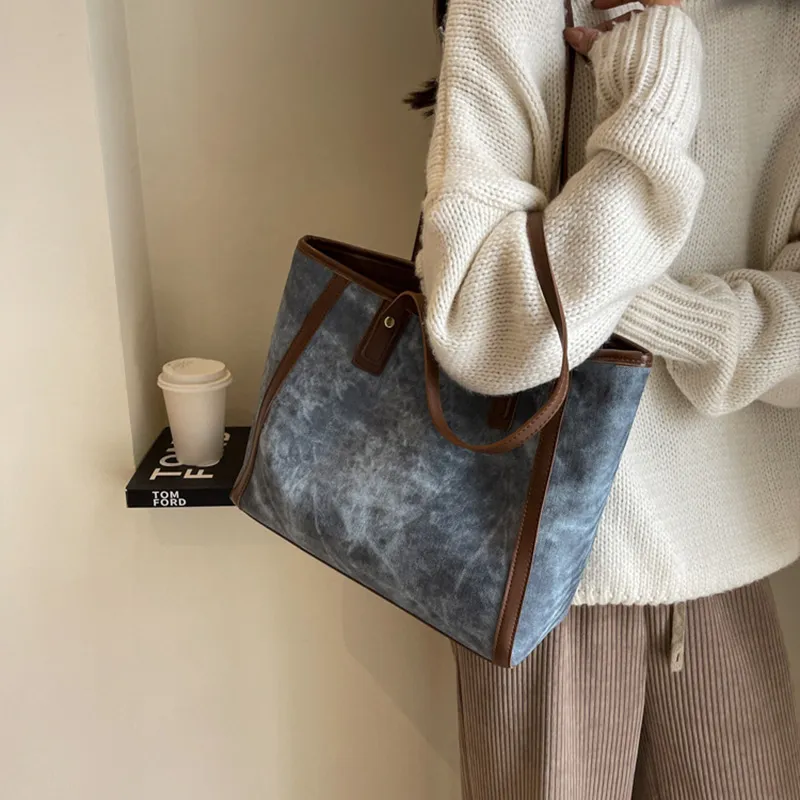 JANE KLAIN Synthetic Leather Tote Bag Shoulder Bag Large Size Women's Khaki/Dark Tea/Blue-12