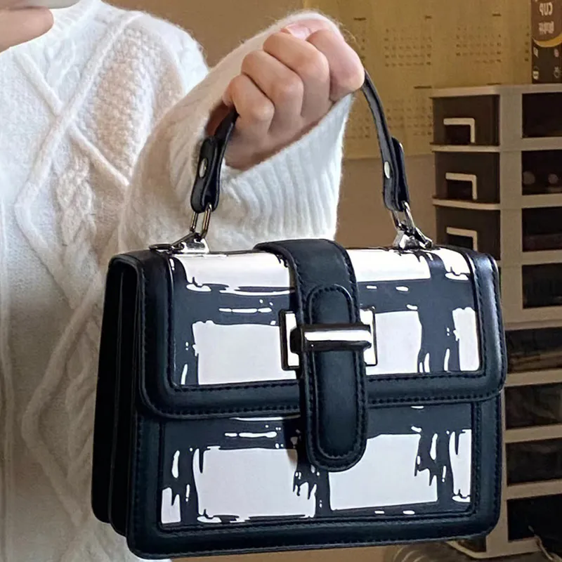 JANE KLAIN PU Small Square Bag, Shoulder Bag, Crossbody Bag, Handbag Regular Women's Black White Plaid-3