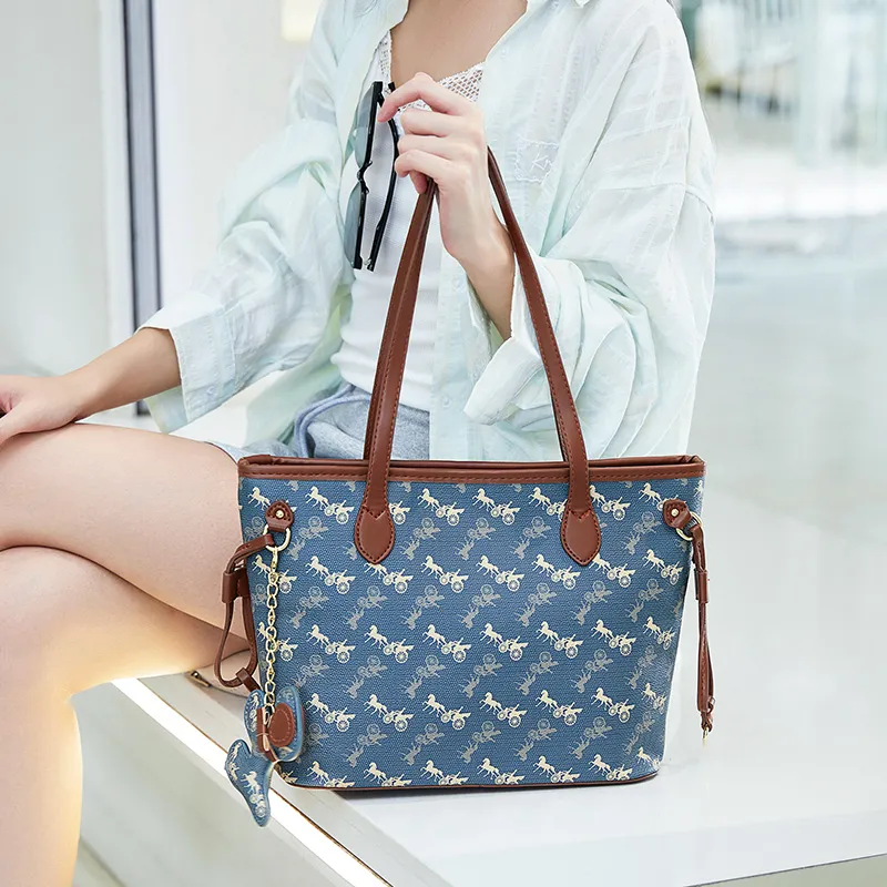 JANE KLAIN Synthetic Leather Tote Bag Shoulder Bag Large Size Women's Gray/Blue/White-15