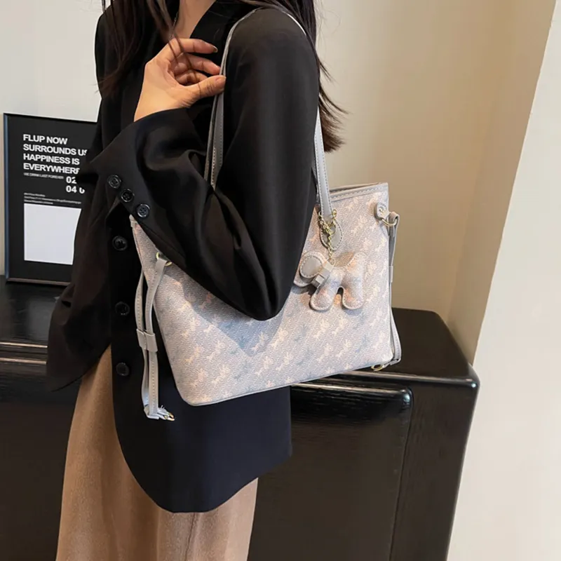 JANE KLAIN Synthetic Leather Tote Bag Shoulder Bag Large Size Women's Gray/Blue/White-8