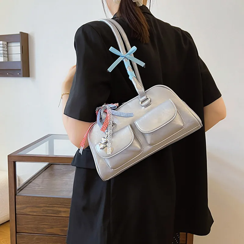 JANE KLAIN Synthetic Leather Shoulder Bag Regular Women's Silver/Black-1