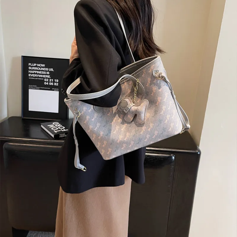 JANE KLAIN Synthetic Leather Tote Bag Shoulder Bag Large Size Women's Gray/Blue/White-7