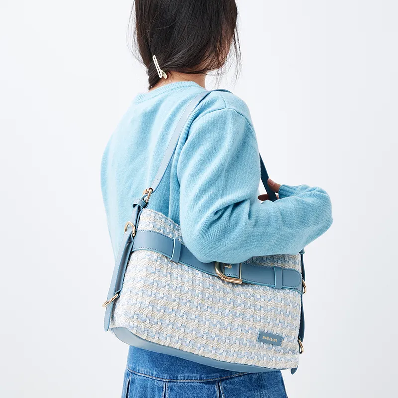 JANE KLAIN Fabric+Synthetic Leather Handbag Shoulder Bag Women's Blue/Brown-1
