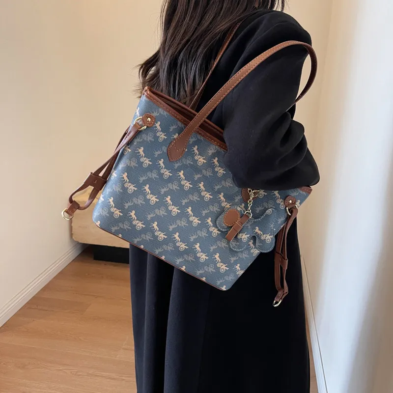 JANE KLAIN Synthetic Leather Tote Bag Shoulder Bag Large Size Women's Gray/Blue/White-16